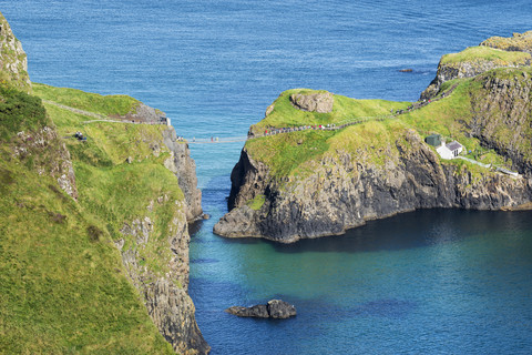 United Kingdom, Northern Ireland, County Antrim, View of Carrick-a-Rede Rope Bridge stock photo