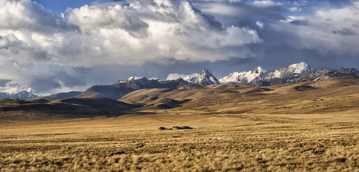 Bolivien, La Paz, Altiplano, Gruppe von kleinen Häusern in der bolivianischen Hochebene mit den Bergen der Cordillera Real im Hintergrund - LOMF000094