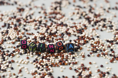 Verstreute Mischung aus Quinoa und Würfeln, die das Wort 