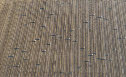 Deutschland, Niedersachsen, Hildesheim, Luftaufnahme von Strohballen auf einem Feld - PVCF000725