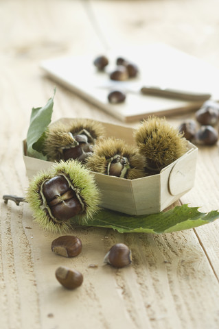 Schachtel mit Kastanien auf Holz, lizenzfreies Stockfoto