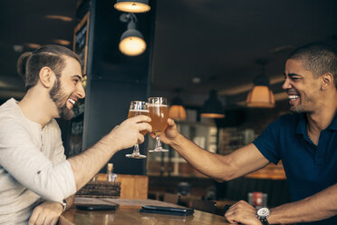 Two happy men in a bar clinking beer glasses - ZEDF000010