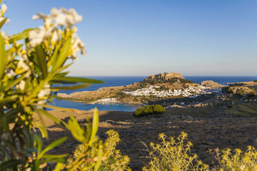 Griechenland, Ägäische Inseln, Rhodos, Lindos, Blick auf die Akropolis von Lindos - WDF003439