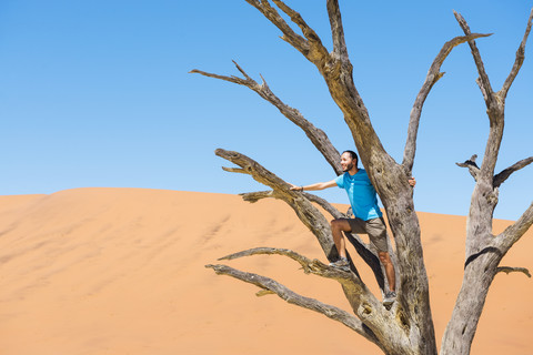 Namibia, Namib-Wüste, Mann auf totem Baum in Deadvlei, lizenzfreies Stockfoto