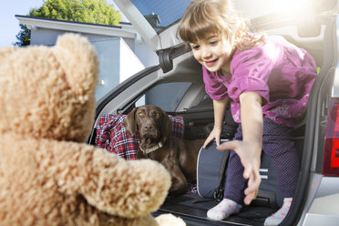 Lächelndes Mädchen im Kofferraum mit Hund, das einen Teddybär betrachtet - FKF001615