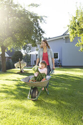 Mother pushing daughter with carrots in wheelbarrow in garden - FKF001653