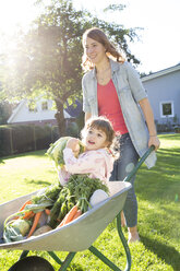 Mother pushing daughter with vegetables in wheelbarrow in garden - FKF001655