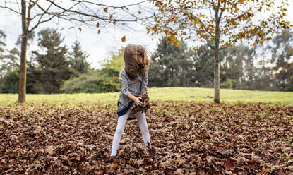 Kleines Mädchen spielt mit Herbstblättern auf einer Wiese - MGOF001113