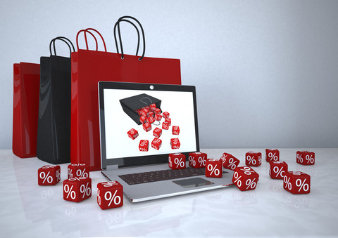 3d illustration, Online shopping, notebook with shopping bags and red cubes stock photo
