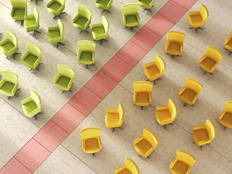 3d Rendering, Grüner und gelber Stuhl durch rote Linie getrennt - UWF000687