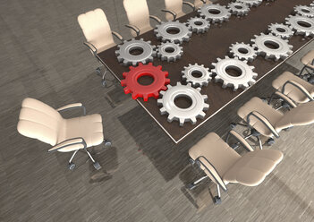 Conference room with gears on table, 3D Rendering - ALF000664