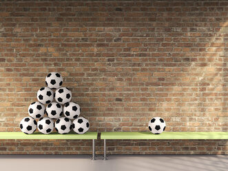 Stapel und ein einzelner Fußball auf Bänken in einer Umkleidekabine, 3D Rendering - UWF000698