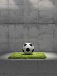 Fußball auf Rasenplatz vor Betonwand liegend, 3D Rendering - UWF000700