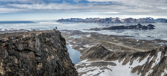 Greenland, Schweizerland, Kulusuk, one person on viewpoint - ALRF000230