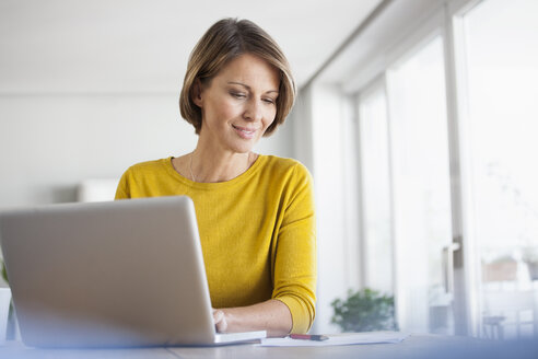 Smiling woman at home using laptop - RBF003622