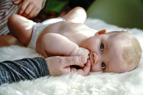 Großmutter's Hand berührt Baby Mädchen auf einem weißen Fell liegend - HOHF001386