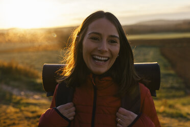 Spain, Catalunya, Girona, portrait of happy female hiker in the nature - EBSF001181