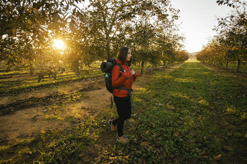 Spain, Catalunya, Girona, woman hiking on field at sunrise - EBSF001182