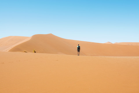 Namibia, Namib-Wüste, Sossusvlei, Mann geht durch die Dünen, lizenzfreies Stockfoto