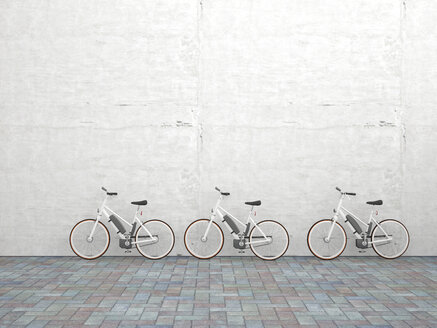 Row of three parked electric bicycles in front of concrete wall, 3D Rendering - UWF000705