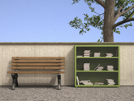 Bücherregal mit gebrauchten Büchern neben einer Bank stehend, 3D Rendering - UWF000712