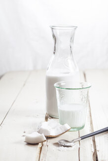 Glass and carafe of homemade coconut milk - SBDF002598