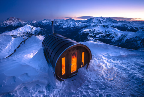 Italy, South Tyrol, Dolomites, sauna at Lagazuoi stock photo