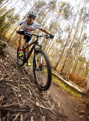 Mountainbiker beim Fahren im Wald - MGOF001203