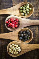 Row of four wooden spoons of different peppercorns - SARF002407