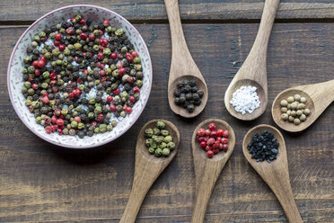 Wooden spoons of different peppercorns and Hawaiian lava salt and berg crystal salt - SARF002415