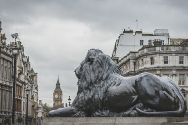 Vereinigtes Königreich, England, London, Trafalgar Square, Löwenskulptur, Big Ben im Hintergrund - KEBF000312