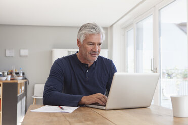 Porträt eines reifen Mannes, der zu Hause einen Laptop benutzt - RBF003826