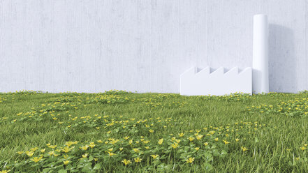 3D Rendering, industrial hall on a wall, meadow - UWF000726