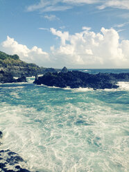 Portugal, Azores, Ponta Delgado, waves at the waterfront - MSF004751