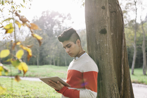 Junger Mann lehnt an einem Baumstamm und schaut auf ein digitales Tablet, lizenzfreies Stockfoto