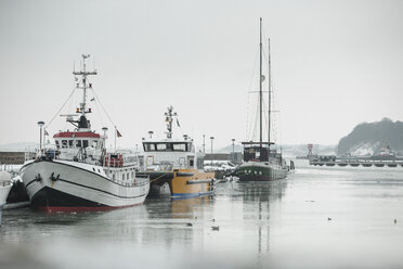 Germany, Sassnitz, Fishing boats in harbour in winter - ASCF000429