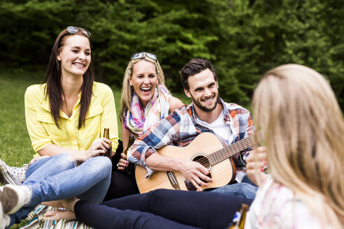 Glückliche Freunde mit Gitarre und Bierflaschen entspannen sich im Park - DAWF000453