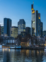 Germany, Hesse, Frankfurt, Financial district in the evening, Main river - AMF004629