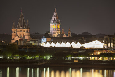 Germany, Rhineland-Palatinate, Mainz, Cityscape with Cathedra, Rhine river at night - WIF003074