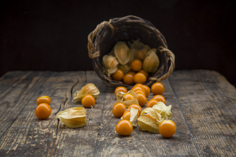 Physalis im Korb und auf Holz, lizenzfreies Stockfoto