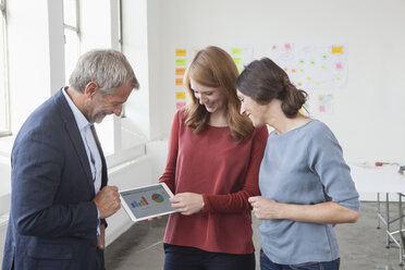 Ein lächelnder Angestellter und zwei Frauen in einem Büro, die sich Diagramme auf einem digitalen Tablet ansehen - RBF004026