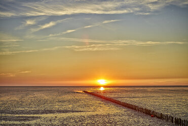 Deutschland, Dithmarschen, Friedrichskoog-Spitze, Sonnenuntergang am Nordsee-Watt - DIKF000174