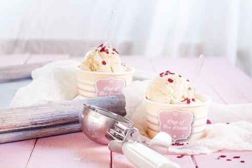 Zwei Becher Vanilleeis mit getrockneten Himbeeren - SBDF002639