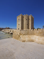 Spanien, Andalusien, Cordoba, Puente Romano, Torre de la Calahorra mit Mezquita-Catedral im Hintergrund - AMF004660