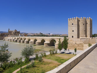 Spanien, Andalusien, Cordoba, Puente Romano, Torre de la Calahorra mit Mezquita-Catedral im Hintergrund - AMF004661