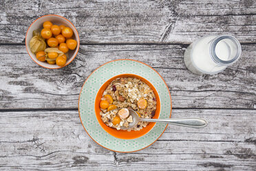 Schale mit Müsli und Physalis, Milchflasche auf Holz - LVF004395