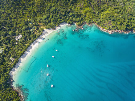 Seychelles, Praslin, Anse Lazio, beach and fishing net, aerial view - FOF008373