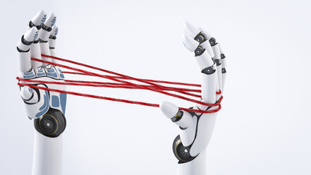 Robot hand holding red threads, 3D Rendering - AHUF000093