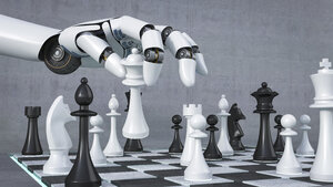 Robot hand playing chess, 3D Rendering - AHUF000094