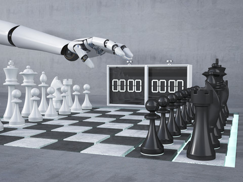 Roboterhand, Schach spielen, Start, Uhr, 3D Rendering, lizenzfreies Stockfoto